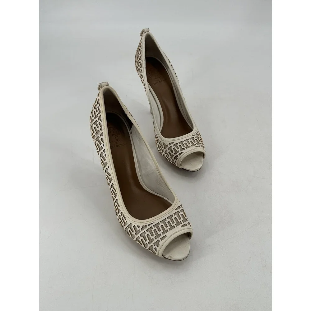 TORY BURCH‎ REGAN LEATHER WHITE OFF HEEL PUMP OPEN TOE SIZE 10.5